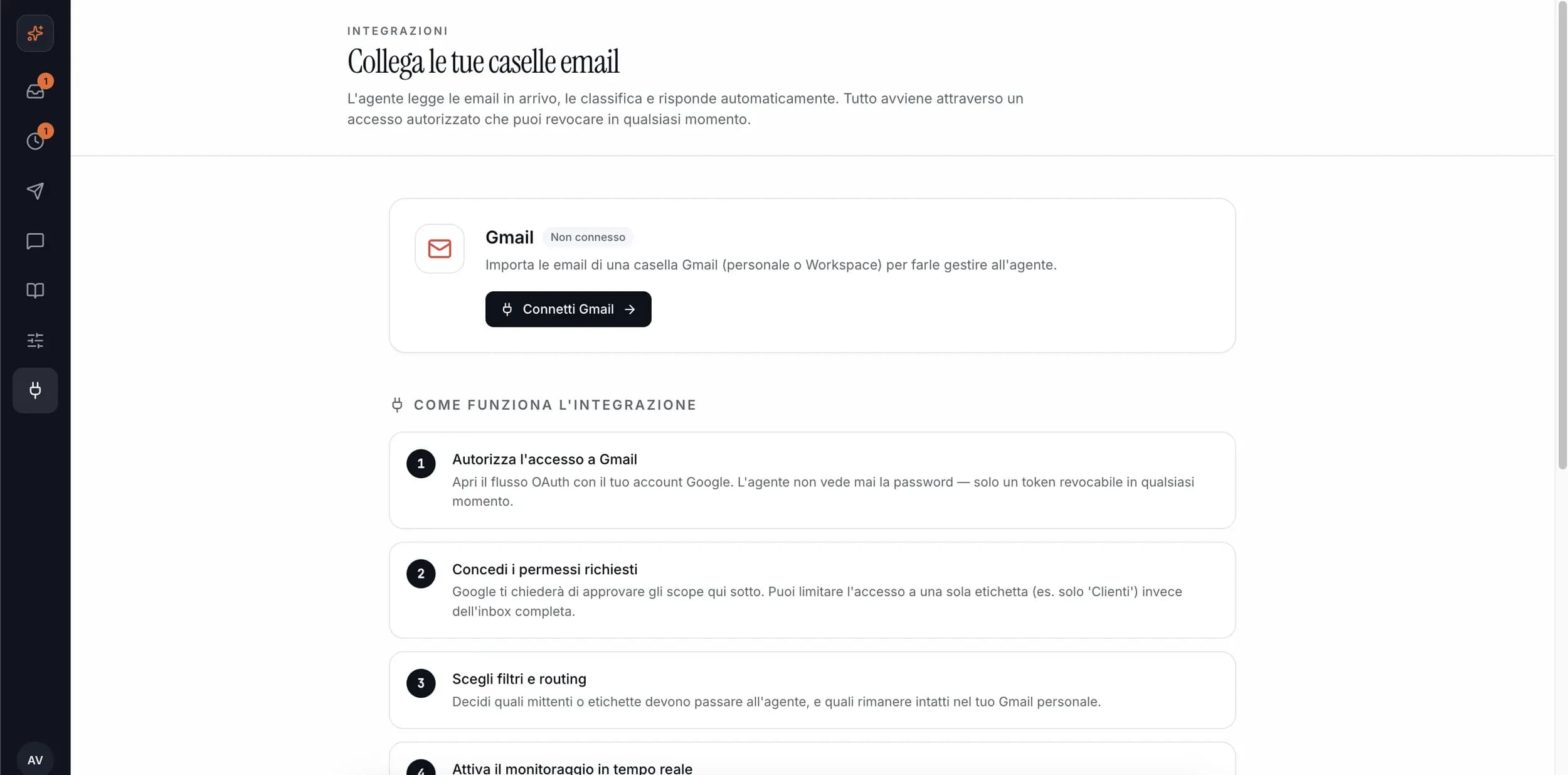 The mailbox is connected through a revocable OAuth token, which can be restricted to a single label instead of the whole inbox.