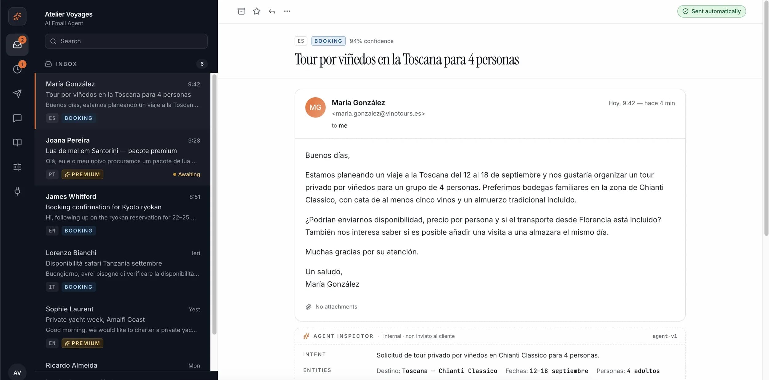 Queue of incoming emails labelled by language and request type, with the recognised intent and extracted data beside the open message