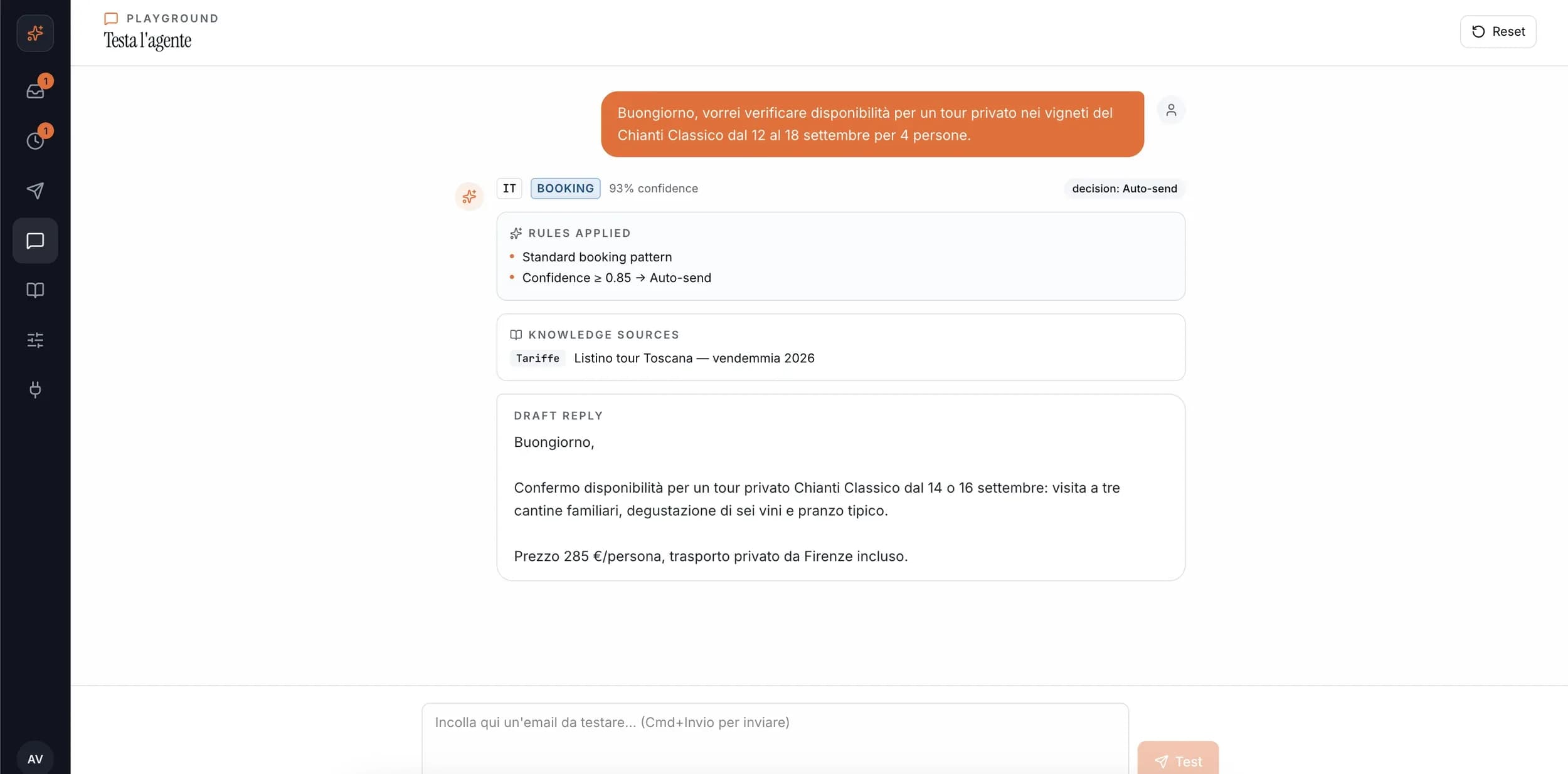 The playground: paste in a real email and see the decision the agent would take — rules applied, price list consulted, reply produced — with nothing actually sent.