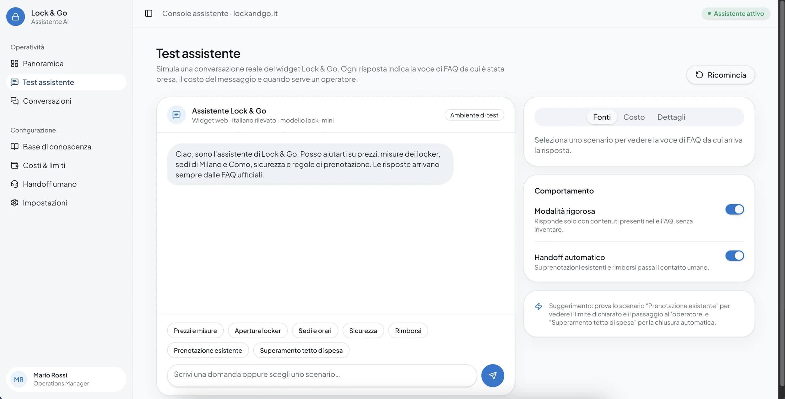 The test environment: run a real scenario and see the source, the cost and the point where the assistant would hand over to an operator, with no customer involved.