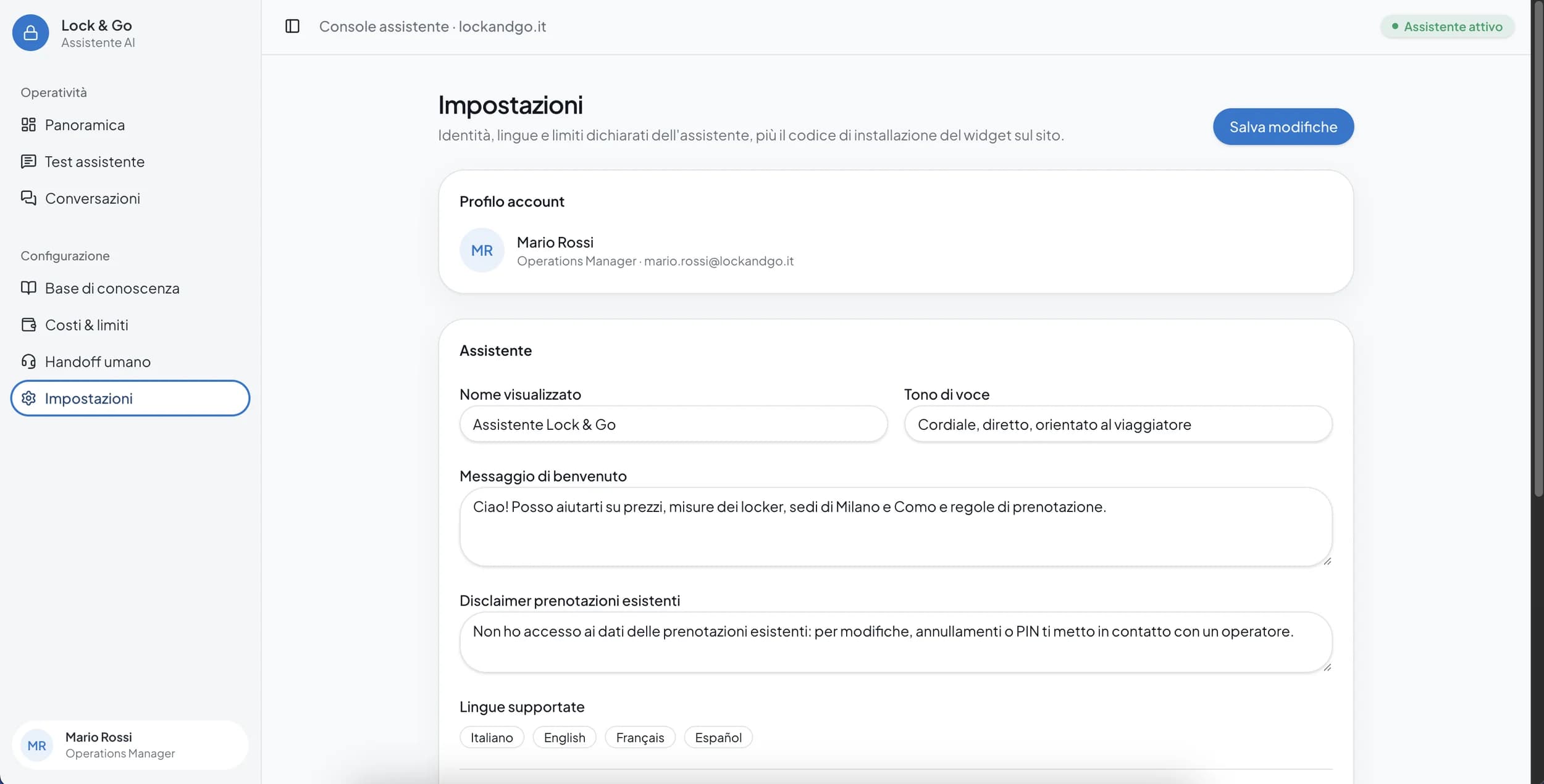The assistant's identity, tone and languages, with its limit spelled out: on existing bookings it states it has no access and hands over to a person.