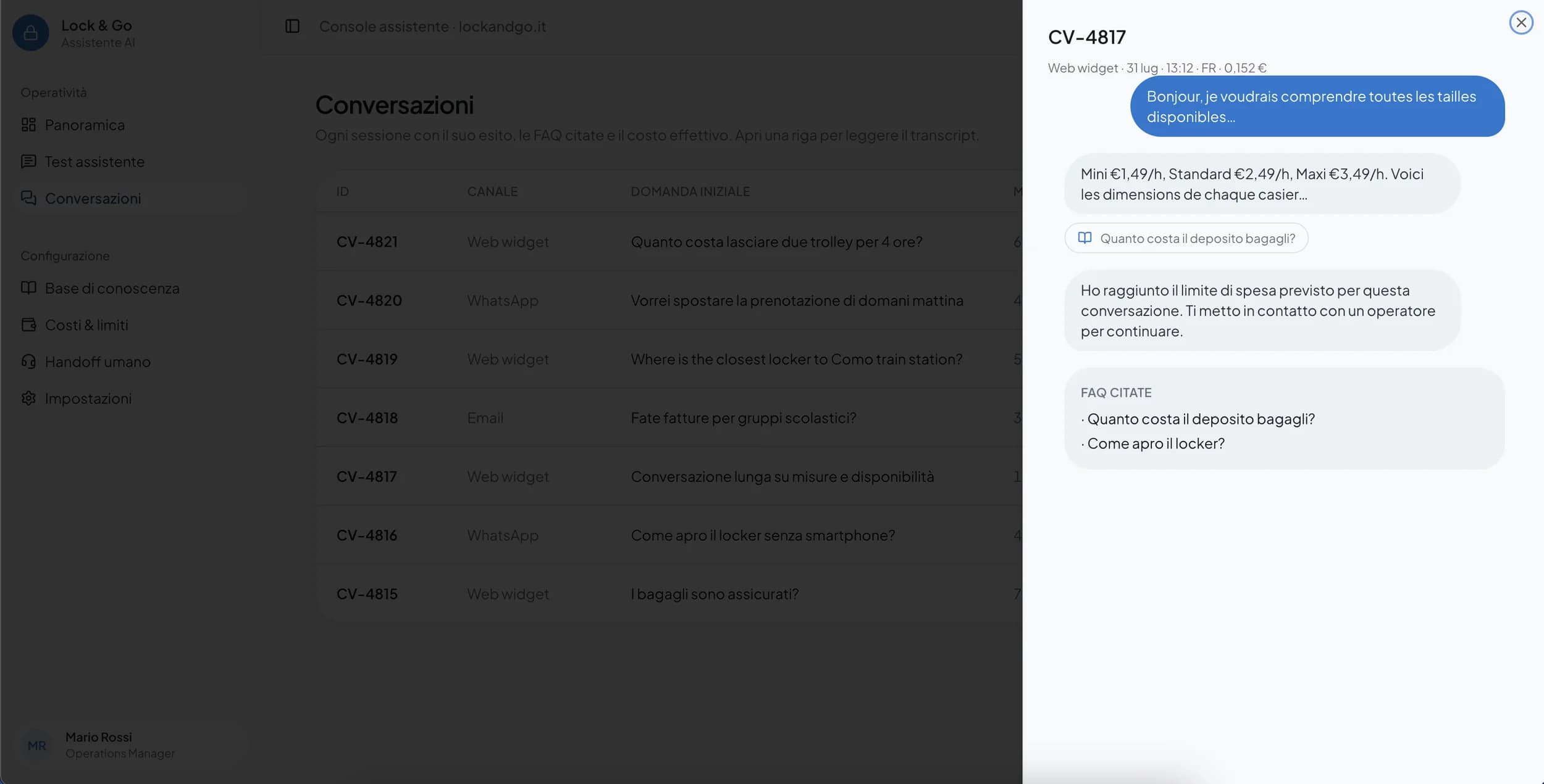The transcript of a conversation in French: the FAQ entries the answers came from, and the stated close when the conversation passes the €0.15 cap.