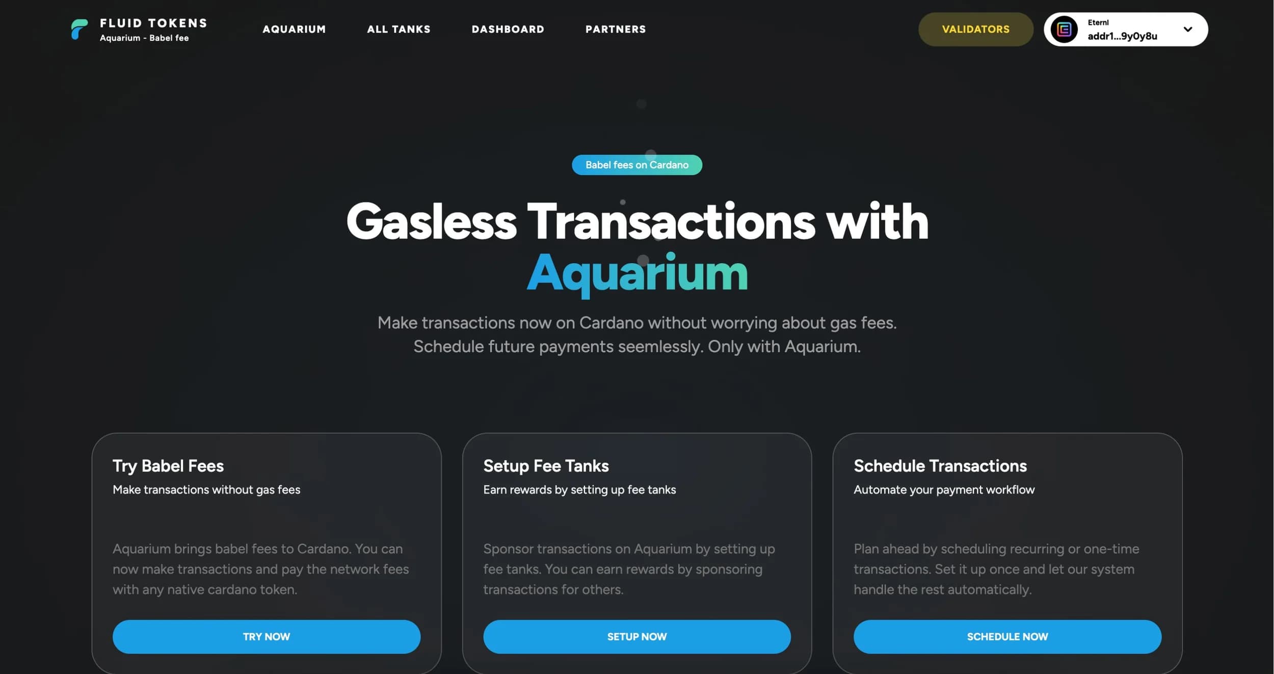 Interfaccia web3 Aquarium di FluidTokens per la gestione di liquidity pool su blockchain Cardano
