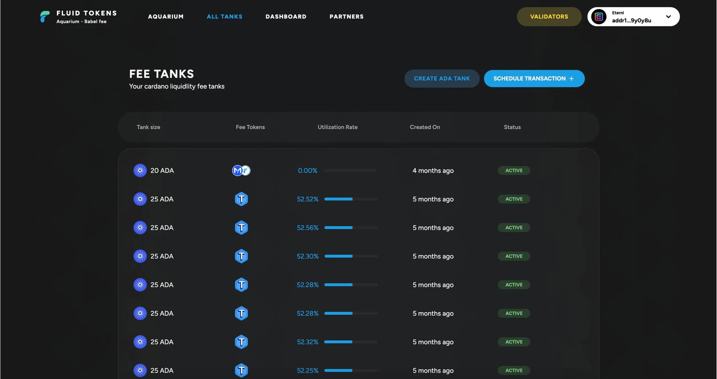 The fee tank list shows size, accepted tokens and utilisation rate for each one.