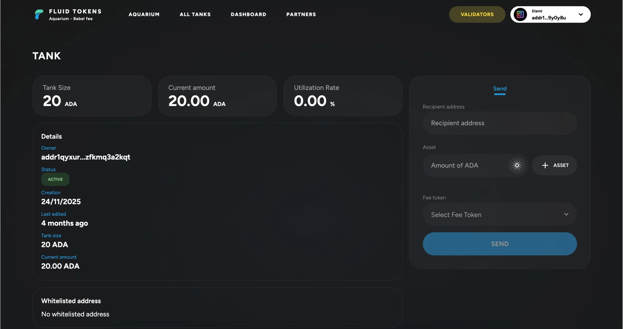 A tank record: balance, owner and the form for sending a transaction.