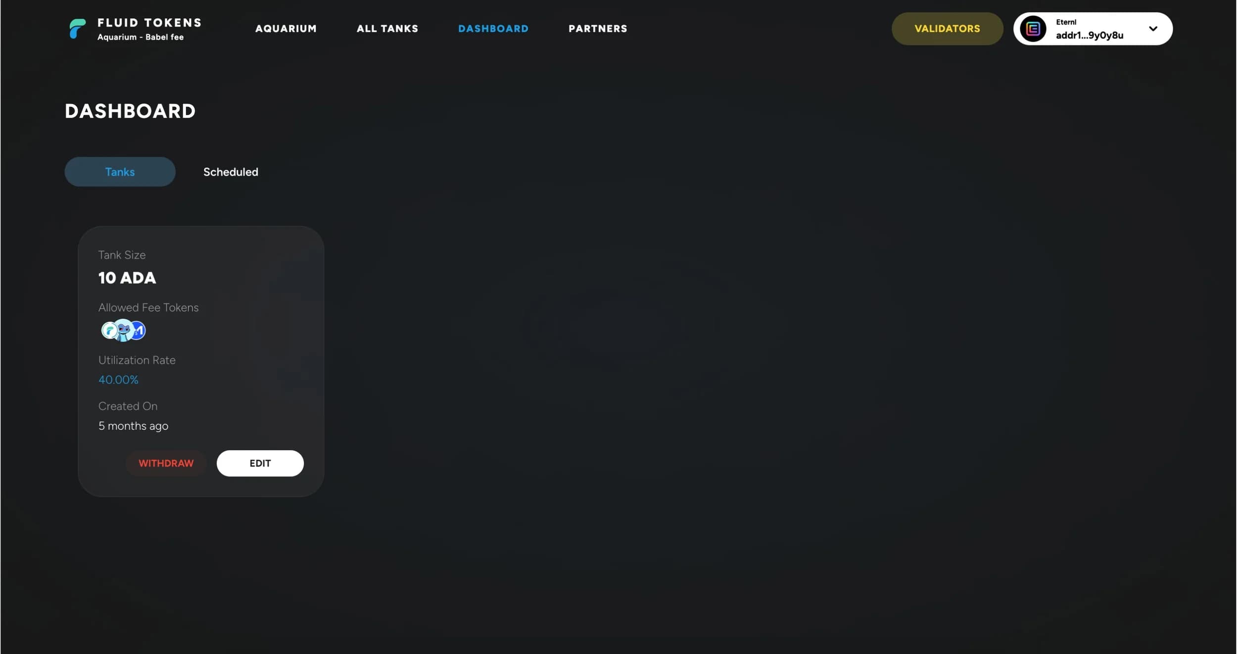 The dashboard collects the sponsor tanks: from here you withdraw or edit them.