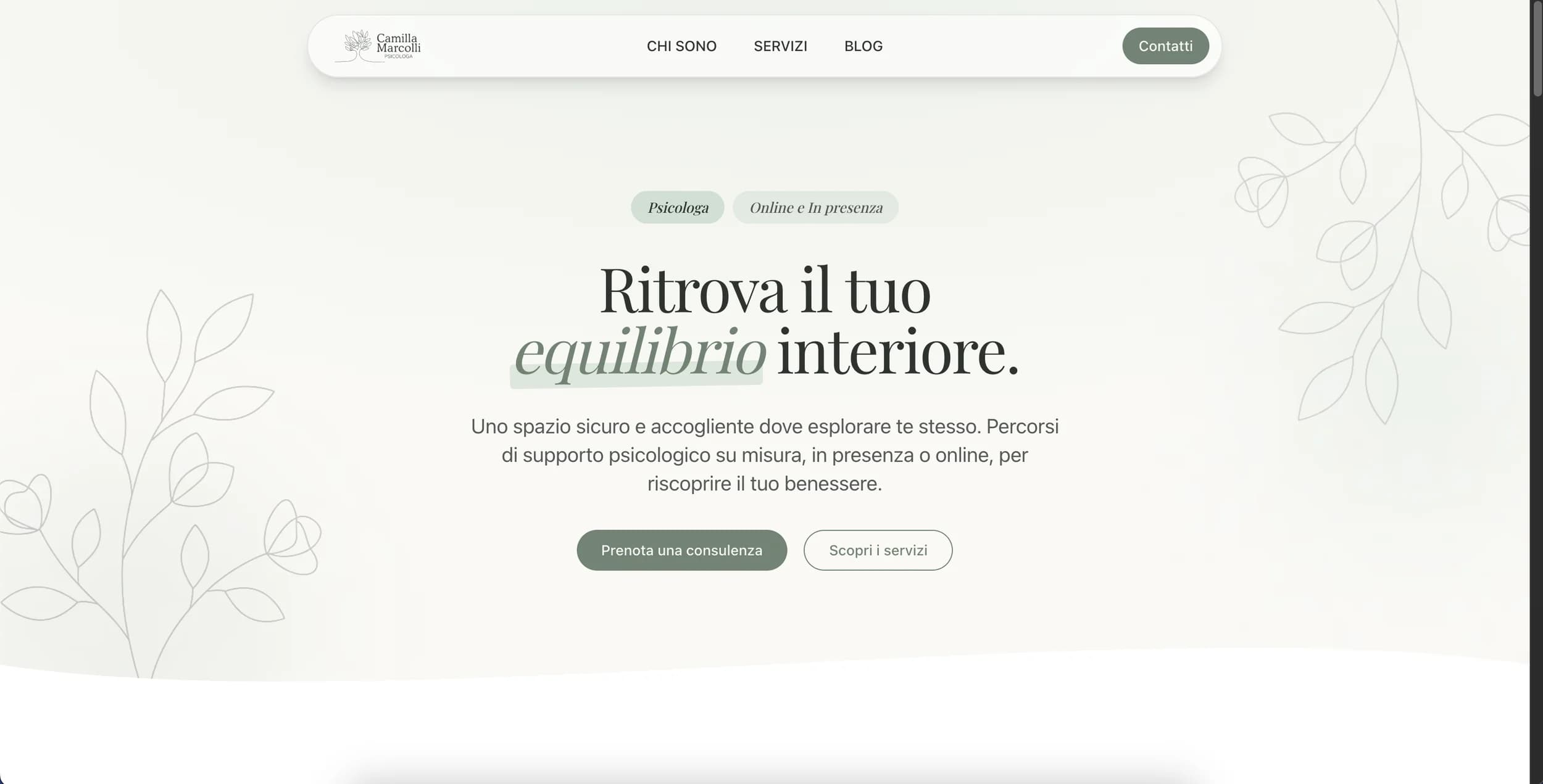 Website of psychologist Camilla Marcolli: home page on a sage green background with consultation booking