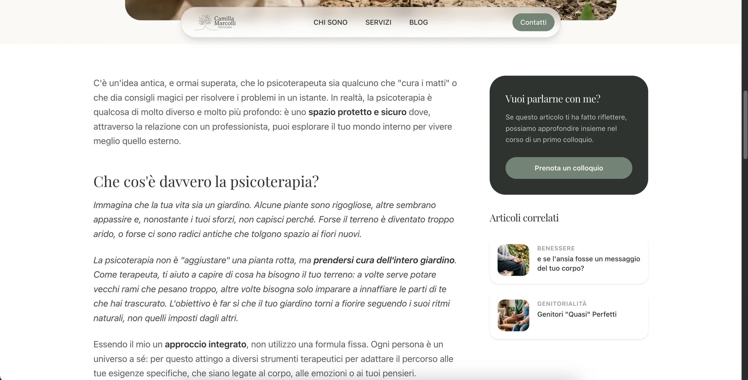 The blog groups articles by category: psychotherapy, wellbeing, parenting.