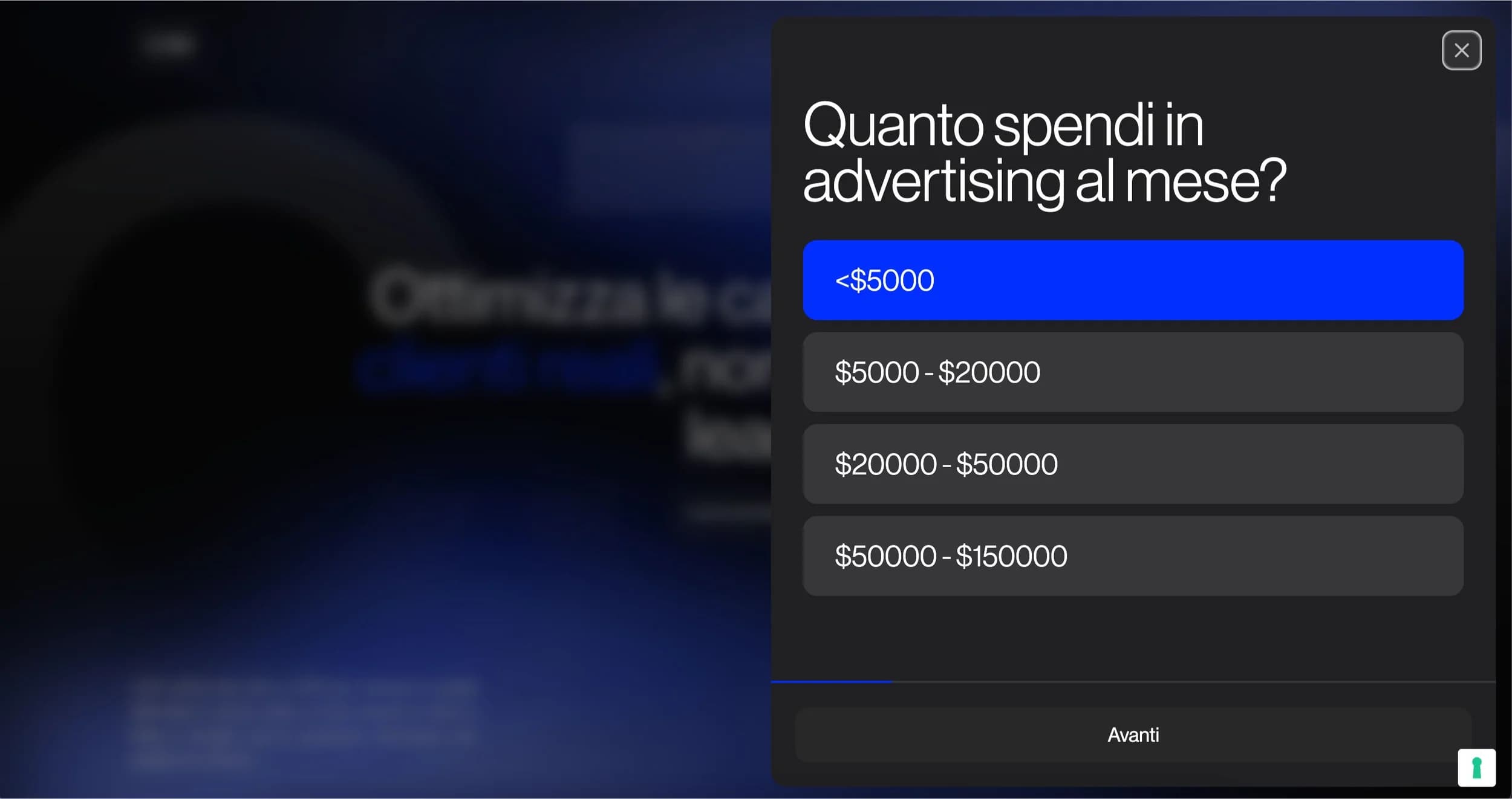 CJM modal asking about monthly ad spend with four budget ranges to choose from