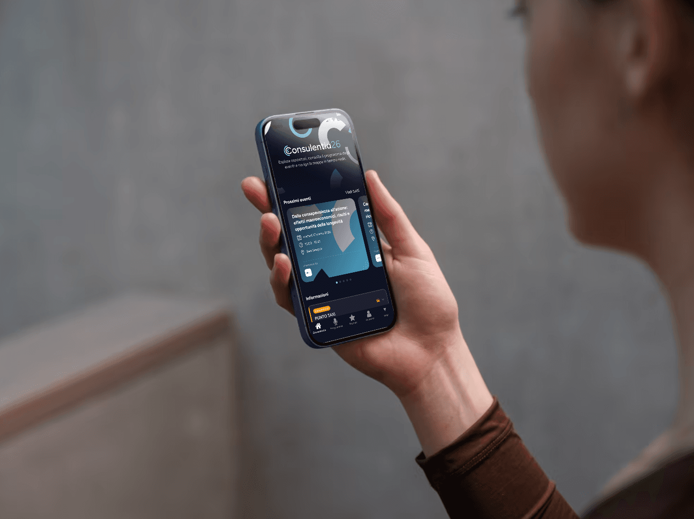 Schermata dell'app mobile Consulentia per la gestione eventi e scansione badge su iOS e Android