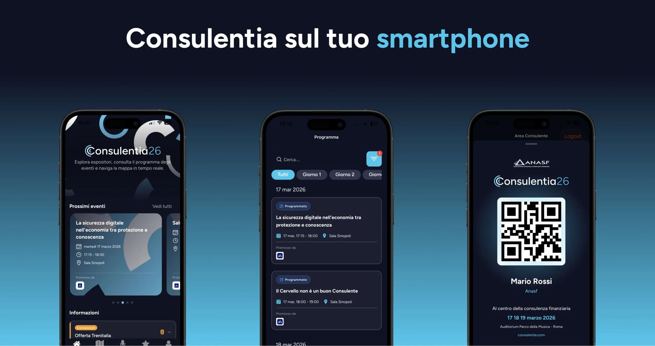 Three app screens: home, programme filtered by day, and the consultant QR badge.