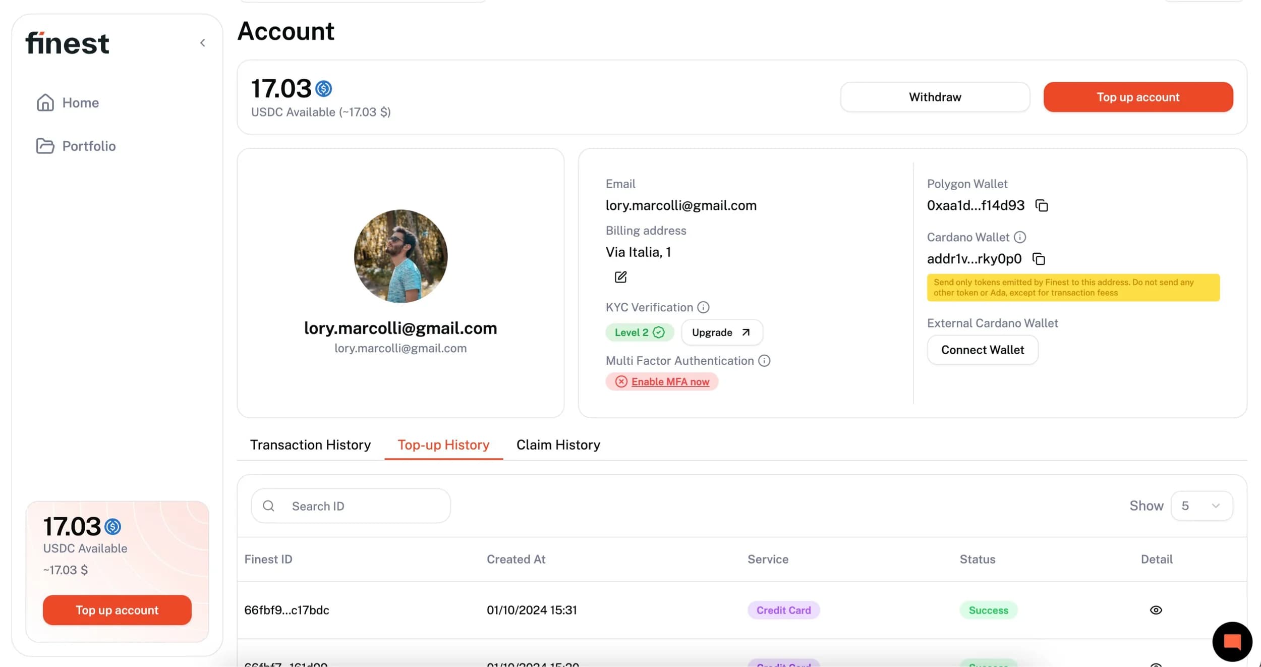 L'area conto raccoglie saldo, verifica KYC, autenticazione a più fattori e wallet collegati.