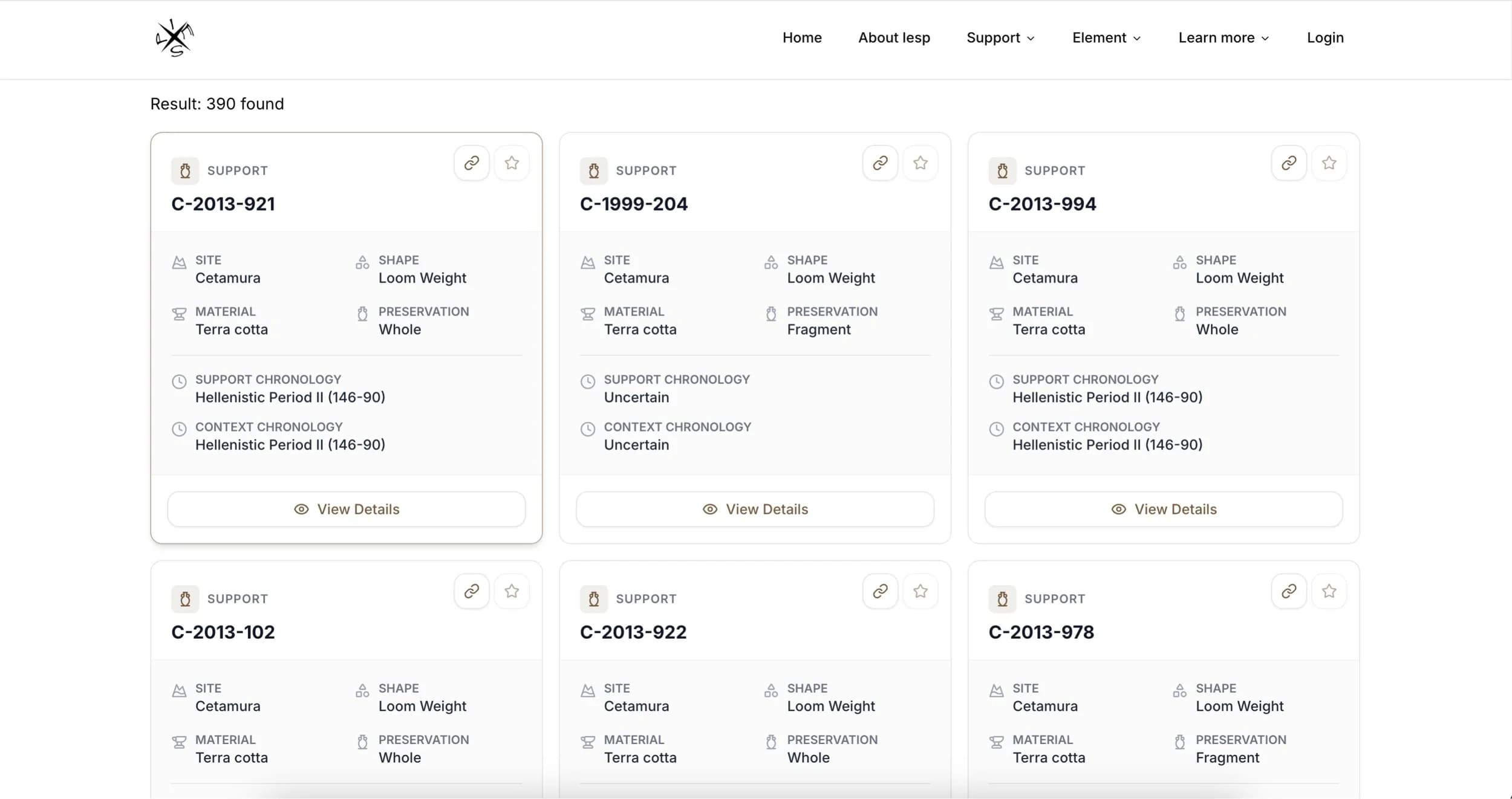 The search results list the supports with site, shape, material and chronology.