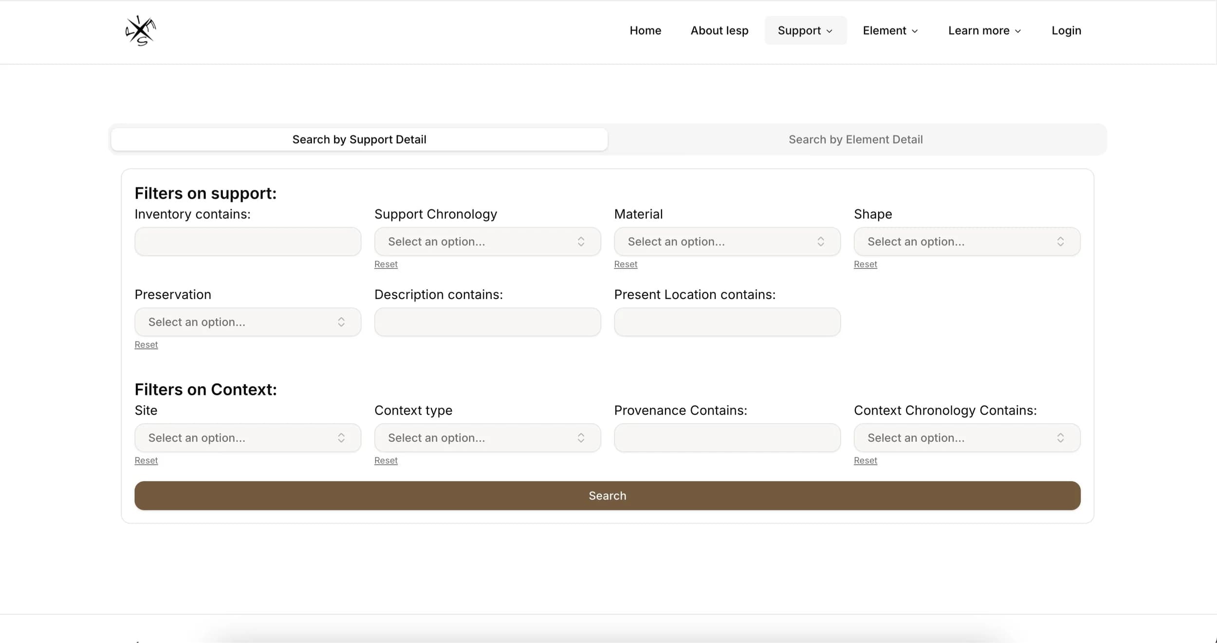 The search filters by support and by context: material, shape, site, chronology.