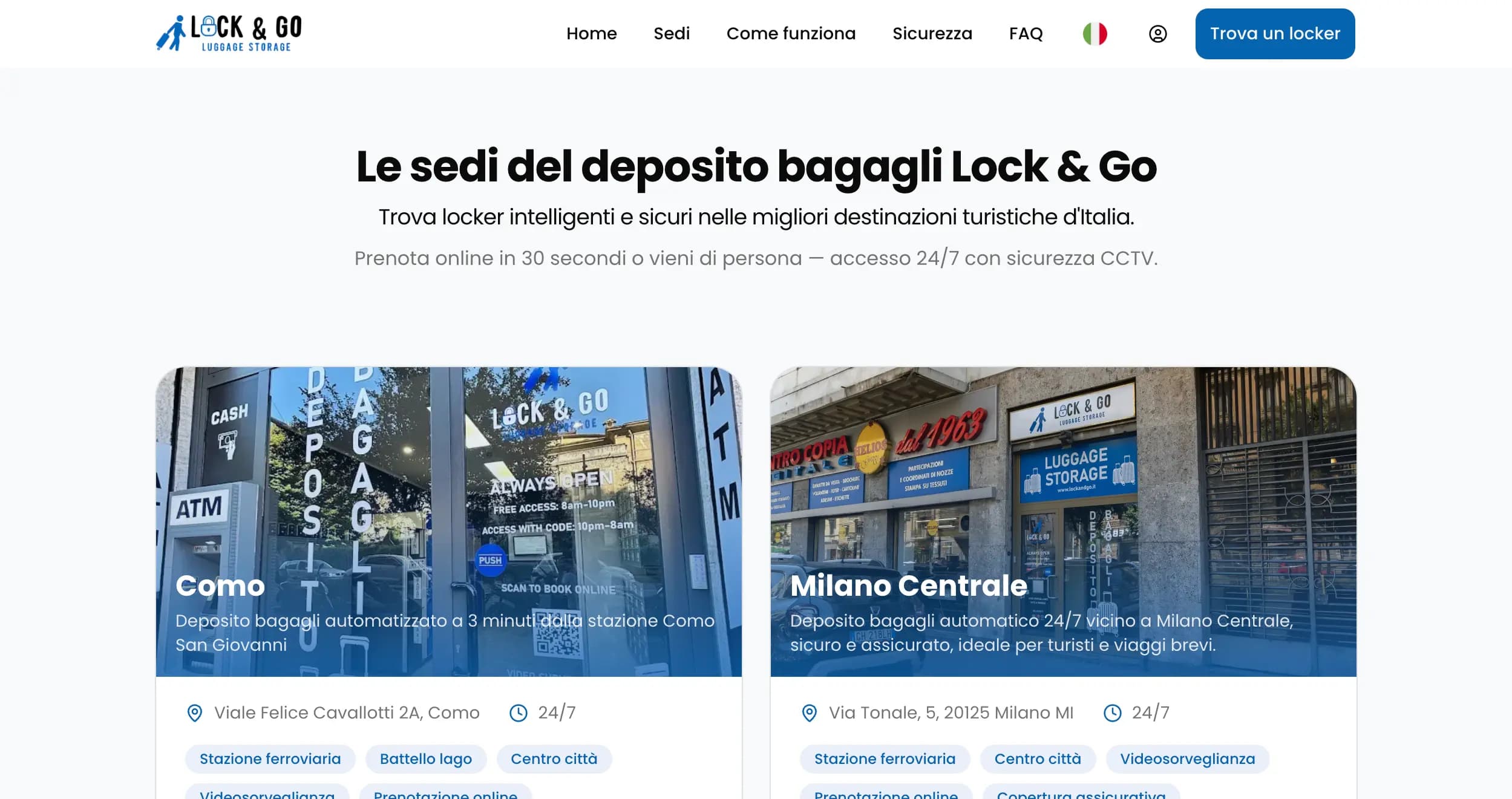 The locations page lists the Como and Milano Centrale hubs with address and hours.
