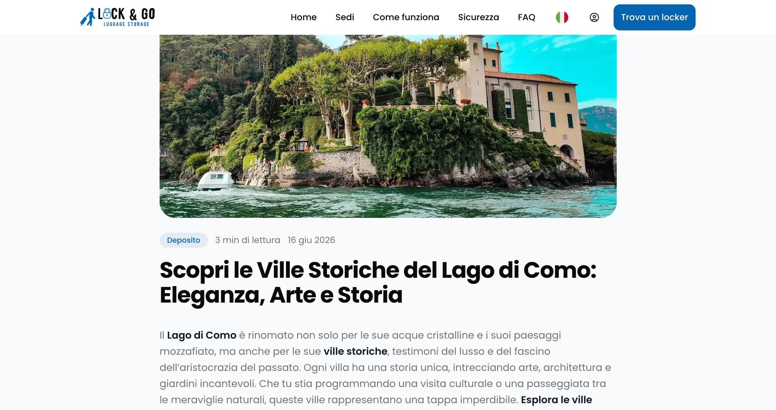 Articolo del blog Lock&Go sulle ville storiche del Lago di Como, con foto di una villa sul lago