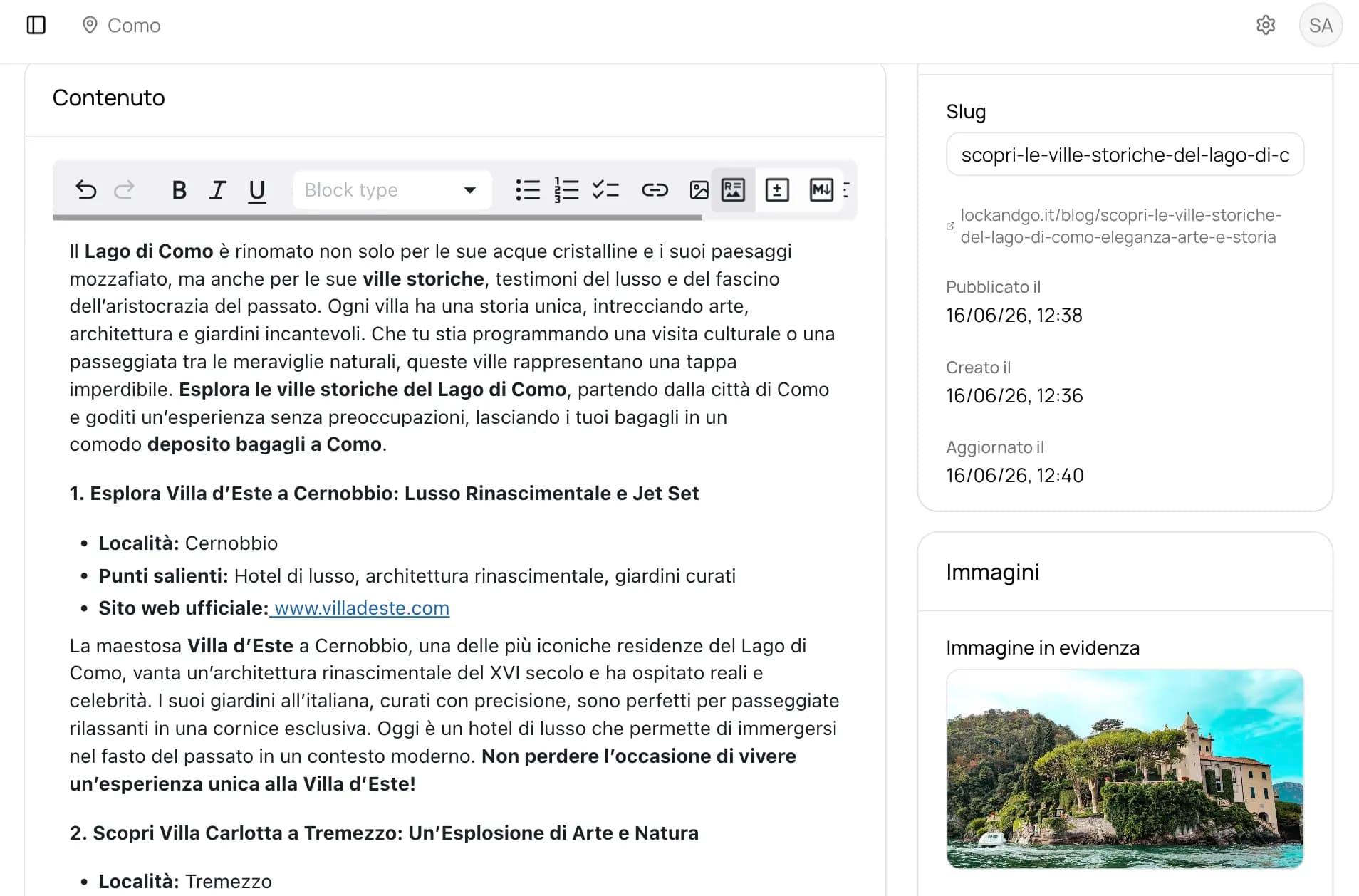 The CMS editor: the Lock&Go team writes articles and sets slug and cover image.