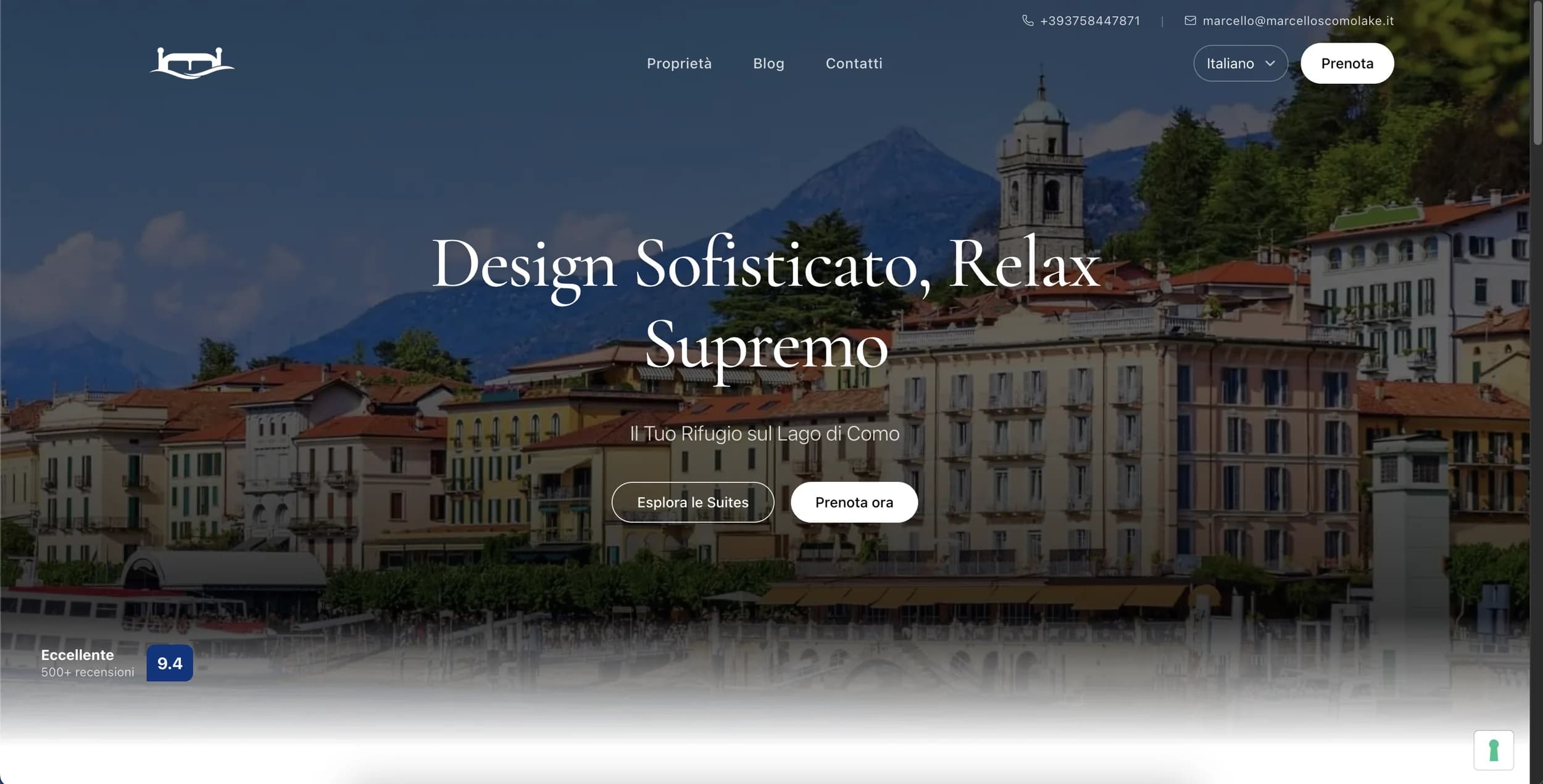 Sito web Marcello's Como Lake con la home sul Lago di Como e la prenotazione diretta