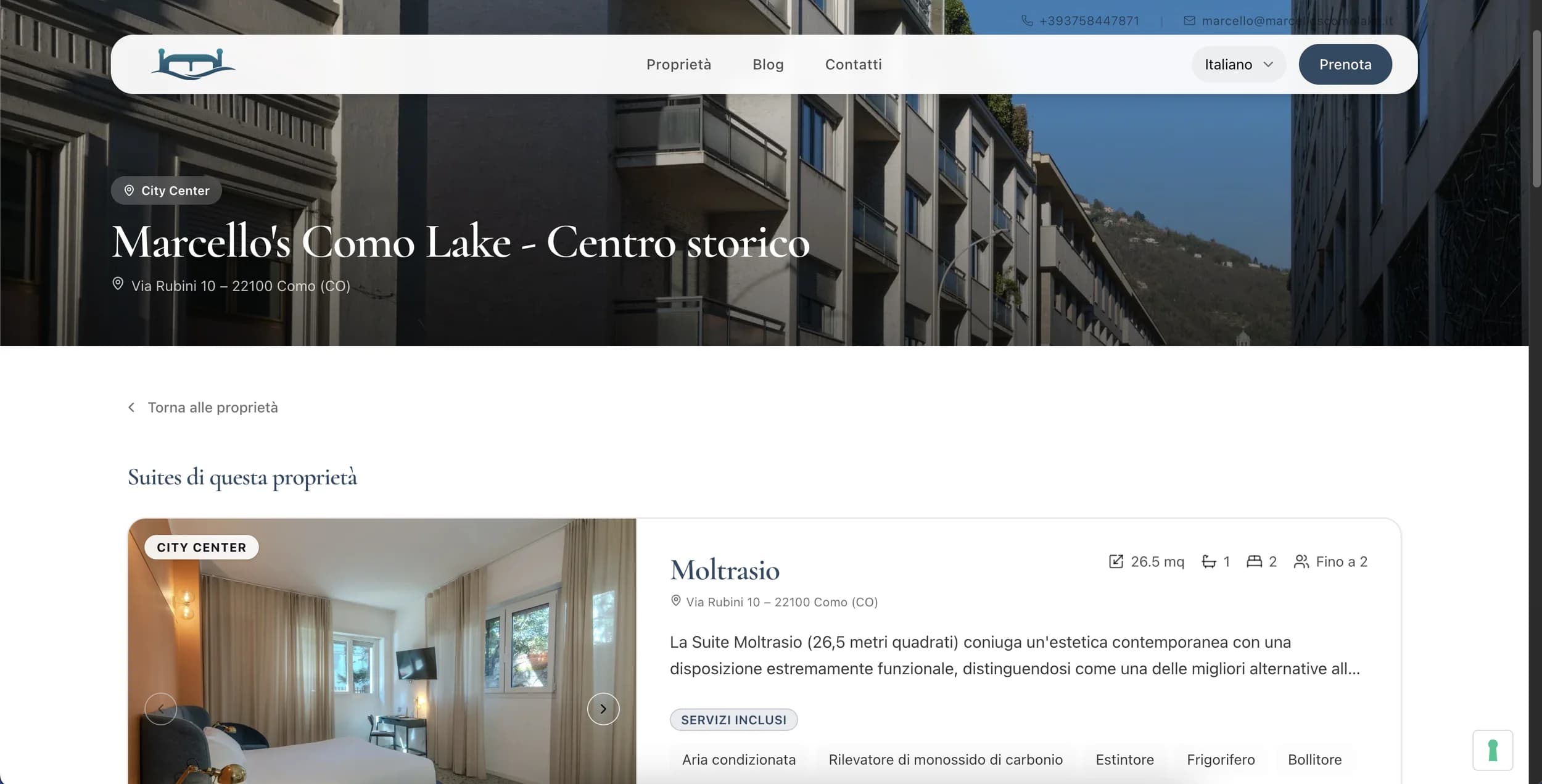 Ogni proprietà ha la sua scheda: posizione, indirizzo e suite disponibili in quella sede.