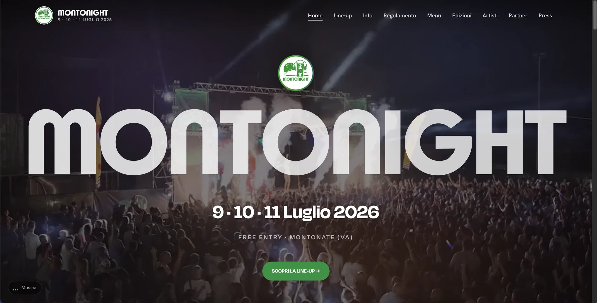 Sito web Montonight con la home sul palco del festival e le date dell'edizione 2026