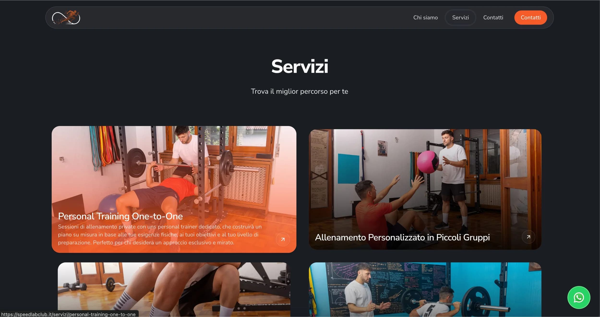 La pagina servizi separa il percorso uno-a-uno da quello in piccoli gruppi.